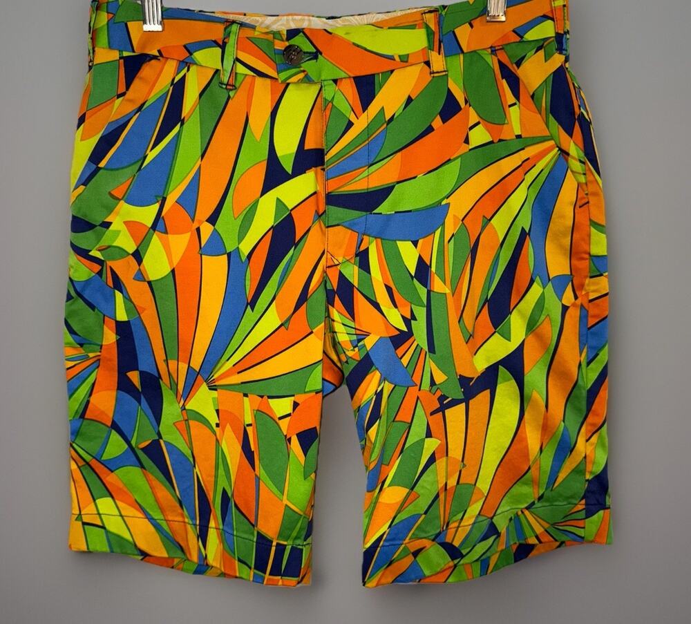 Loudmouth Golf Shorts Peacock Print Bright Multicolor Size 32 10" Inseam *Stain